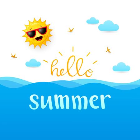 Summer background with happy sun cartoonのイラスト素材