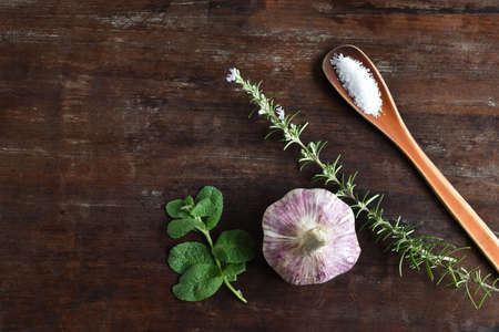 organic ingredients: fresh garlic, rosemary, mint and sponn whit salt on rustic wooden table. Top view with space for textの写真素材