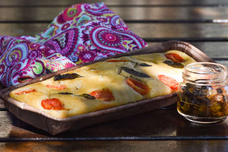 detail of italian tomato and basil focaccia.の写真素材
