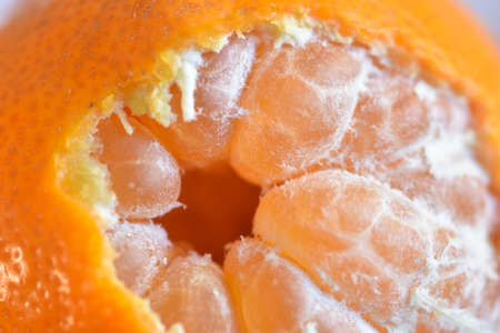 fresh tangerines on gray background. selective focus. Top view. Copy spaceの写真素材