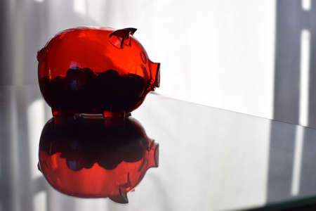 red piggy bank with coins on white background. money, wealth and financial concept.の写真素材