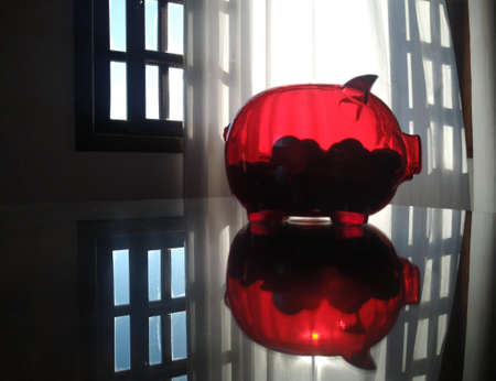 red piggy bank with coins on white background. money, wealth and financial concept.の写真素材