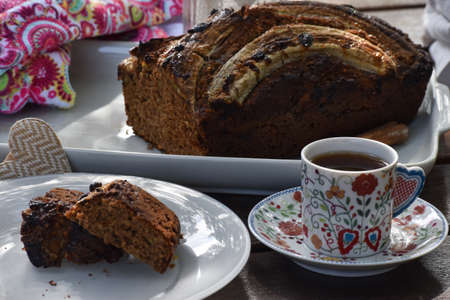 banana cake and fresh coffeeの写真素材
