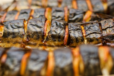 Baked mackerel with lemon close-up.