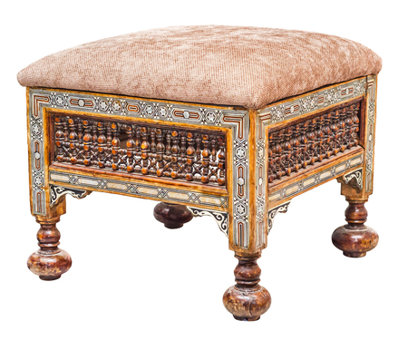 Old antique wooden stool, isolated on white background. File contains a clipping path.の写真素材