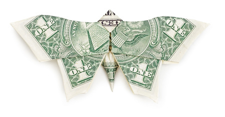Dollar origami butterfly isolated on white background. Moneygami.の写真素材