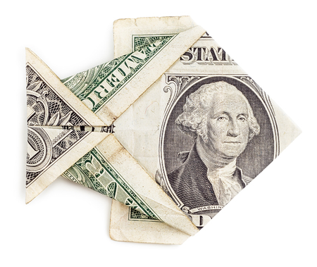 Dollar origami fish isolated on white background. Moneygami. Catch.の写真素材