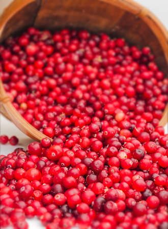 Spilled cranberries from basket, selective focus.