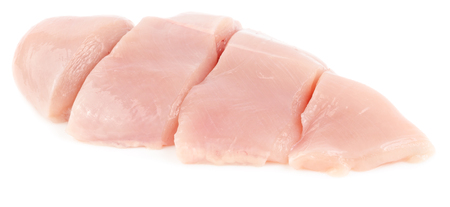 Raw chicken fillet breast sliced, isolated on white background.の写真素材