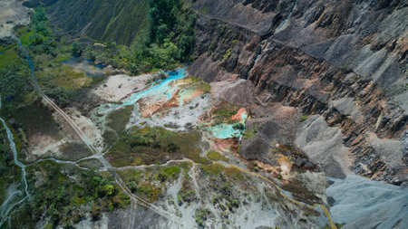 Panguna open pit copper mine in Bougainville. Shows the copper ore deposits and road networks around...