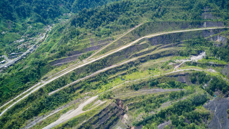 Panguna open pit copper mine in Bougainville. Shows the copper ore deposits and road networks around...