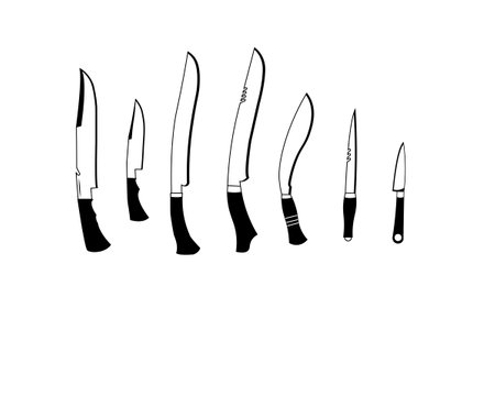 Various shapes of a sharp weapon often used by cooks from all over the world, seen emitting light from the blade.のイラスト素材