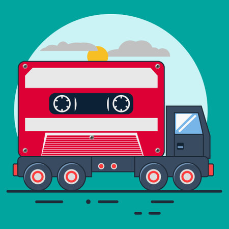 A rectangular-shaped tanker truck resembling an old cassette tape is parked in a location at nightのイラスト素材