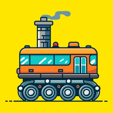 A small yellow bus that has chain wheels like a steel tank, he looks dashing and mighty.のイラスト素材