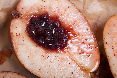 dessert of sweet duchess pears baked in caramel and jamの写真素材