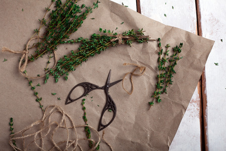 sprigs of thyme dismantled on brown paperの写真素材