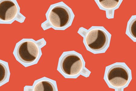 Many mugs with black coffee on a red paper cut background. Top viewの写真素材