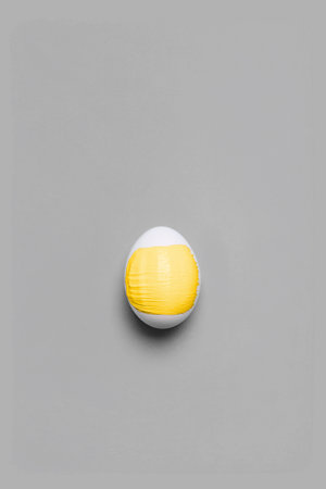 One white chicken egg with yellow smear on the gray background.の写真素材
