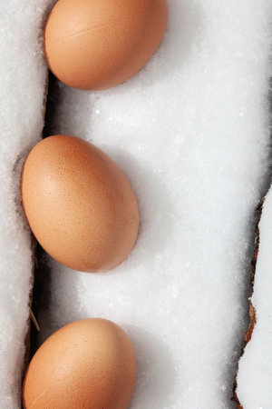 Chicken eggs in the snow. A modern composition about village life.の写真素材
