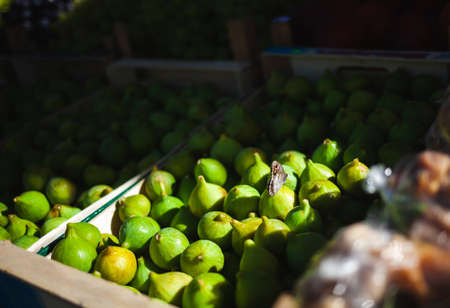 Lots of green figs on a tray at a street market in Croatiaの写真素材