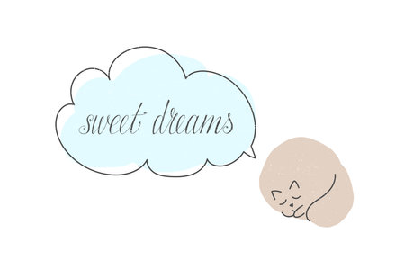 A cute cat sleeps and has sweet dreams. Illustration with text cloud with hand letteringのイラスト素材