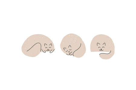 Three cute cats in earthy tones in a modern linear style with a retro textureのイラスト素材