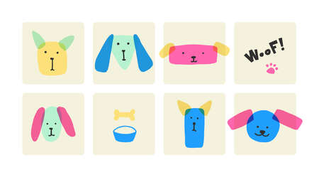 Bright simple childish set of dog faces. Trend flat geometric styleのイラスト素材