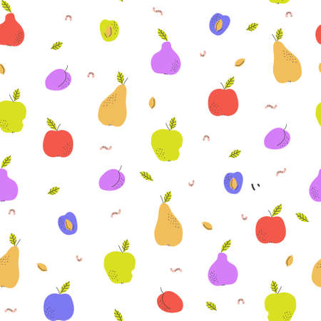 Bright summer seamless pattern with harvest of apples, pears, plumsのイラスト素材