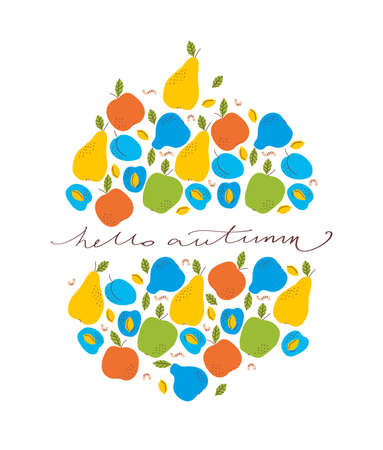 Hello autumn. Autumn harvest of fruits apples, pears, plumsのイラスト素材