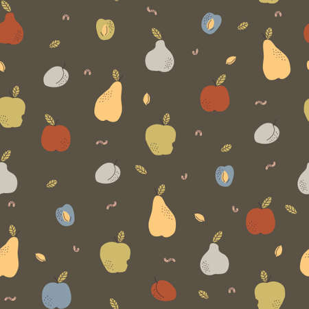 Seamless retro pattern. Autumn harvest of fruits apples, pears, plums, earthy colorsのイラスト素材