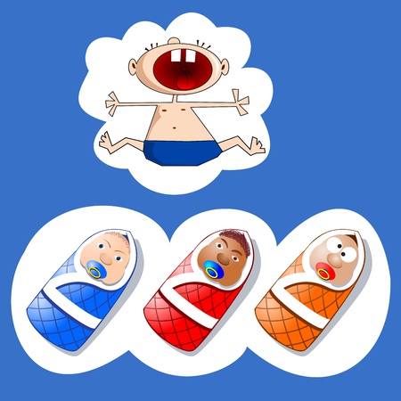Cute  babies.  Baby crying with his mouth open wide. Babies in the wraps on white background.のイラスト素材