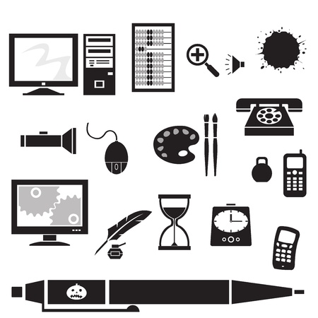 Silhouette - office. silhouette clip art of office supplies. Black icons of various objects.  のイラスト素材