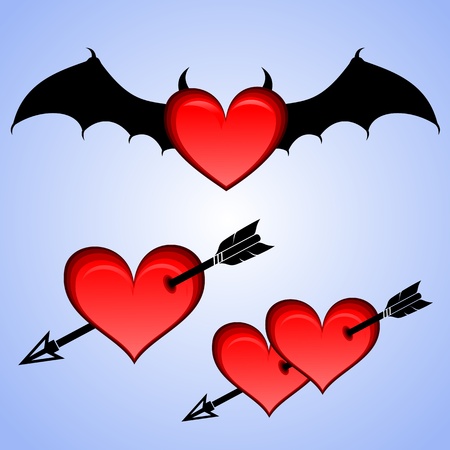 Three versions of the symbol of passion. Red heart with black bat wings. Red heart pierced by an arrow.  のイラスト素材