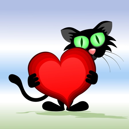 Black Cat. Cartoon cat with a red heart in its claws. Valentine postcard.  のイラスト素材