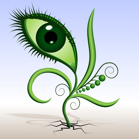 Plant-eye illustration of green plants sprouted. Abstraction - a flower in the shape of the eye with leaves and tendrils. The grotesque mimicry.  のイラスト素材