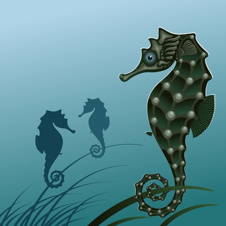 Fish sea horse. Stylized seahorse on the algae illustration. A silhouette of a sea horse.  のイラスト素材