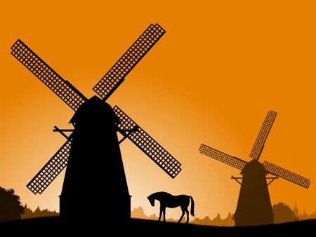 Windmills at Sunset. Silhouette windmills and horse at sunset. Vector illustration - the countryside.  のイラスト素材