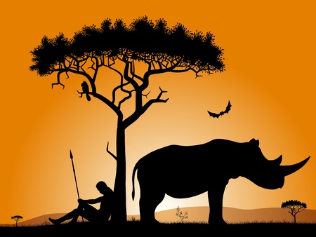 Dawn in Africa. Savannah in the morning. Silhouettes of a hunter, trees, and rhinoceros.  のイラスト素材