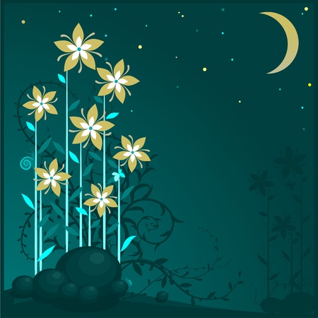 Floral background. The silhouettes of flowers in the moonlight. Vector illustration of yellow flowers.  のイラスト素材