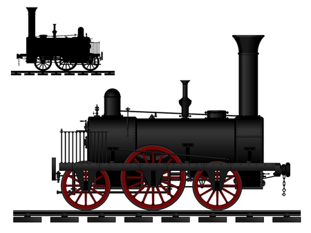Vintage steam locomotive  Old engine - a color image and a black silhouette  Vector illustration   のイラスト素材
