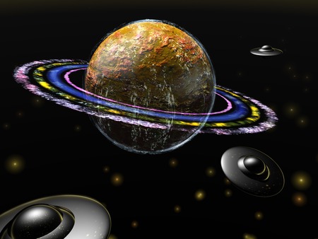 Unknown planet. Flying Saucers on the background of an unknown planet with rings.の写真素材