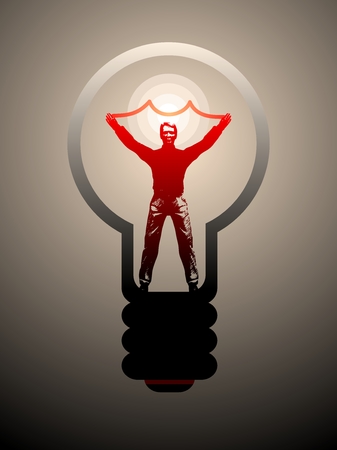 Lamp. Silhouette of man in glowing lamp. Symbol of ideas. Vector illustration.のイラスト素材