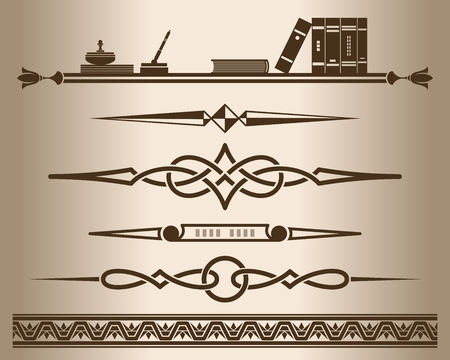 Decorative elements - books. Design elements - decorative line dividers and ornaments. Monochrome graphic element. Vector illustration.のイラスト素材