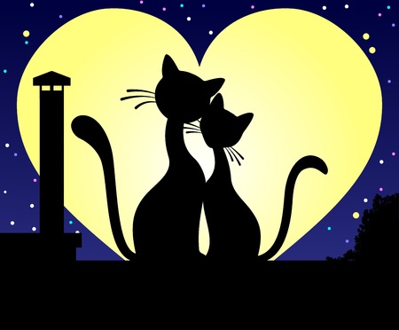 Vector illustration of a cat. Silhouettes of cats on a background of heart. Two black cats in love. For valentine day.のイラスト素材