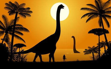 Silhouettes of dinosaurs. Two Abydosaurus on sunset background. Illustration.のイラスト素材
