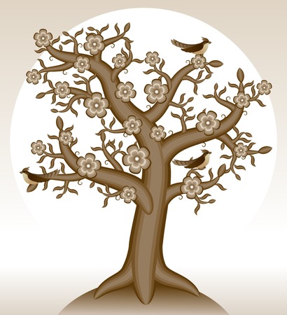 Blooming tree. Tree with flowers. Birds on the tree. Vector illustration.のイラスト素材