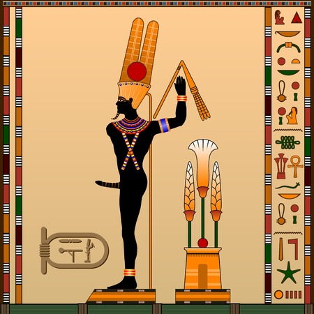 Religion of Ancient Egypt. Min is the god of fertility, trade and rain. Ancient Egyptian god in the guise of a man with an erect penis. Vector illustration.のイラスト素材