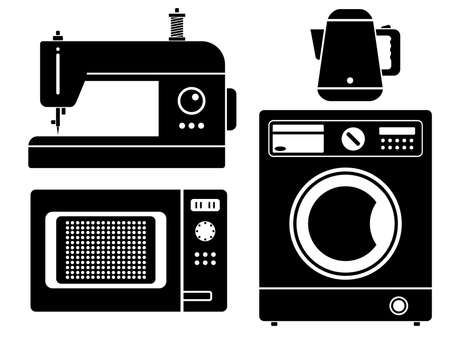 Household appliances icons set. Simple silhouettes of household appliances isolated on white background. Vector illustration.のイラスト素材