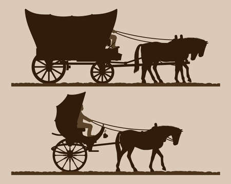 Silhouettes of the carriages. Silhouettes of horse-drawn carriages with riders. Two-wheeled and four-wheel carriage. Wild west wagon silhouette. Vector illustration.のイラスト素材