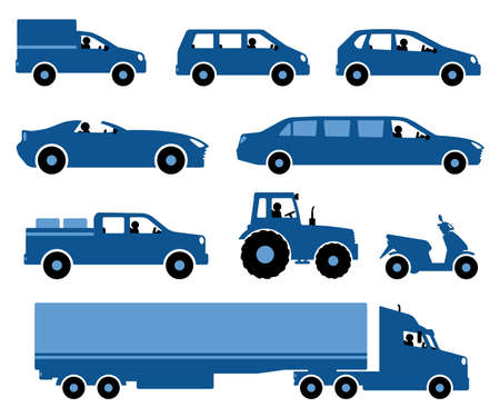 Set Of Cars Silhouettes. Stylized silhouettes Cars on a white background. Set of different transport silhouettes. Vector illustration.のイラスト素材